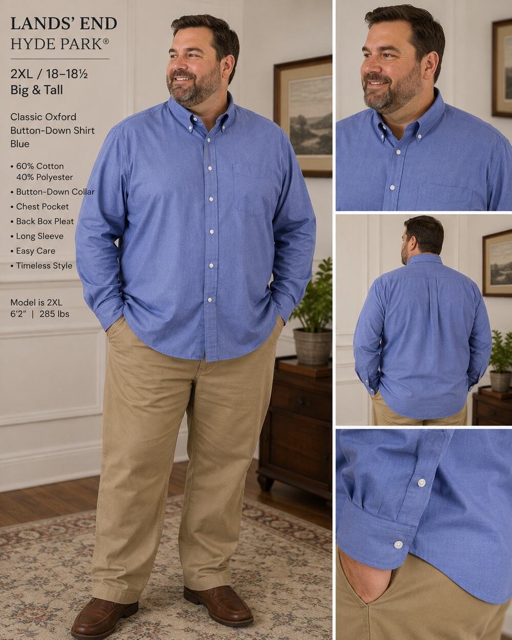 Lands End Hyde Park Mens Sz 2XL Big Tall Blue Oxford Button Down Shirt 18 18.5